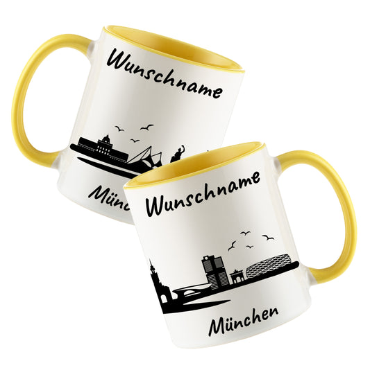 Tasse in Hellgelb 330ml bedruckt mit der Skyline von München personalisierbar mit Wunschname