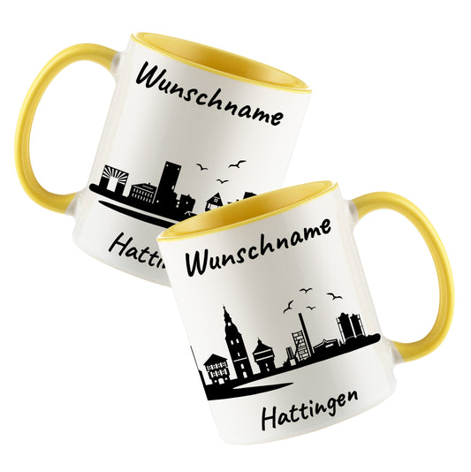 Tasse in Hellgelb 330ml bedruckt mit der Skyline von Hattingen personalisierbar mit Wunschname