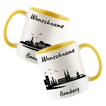 Tasse in Hellgelb 330ml bedruckt mit der Skyline von Bamberg personalisierbar mit Wunschname