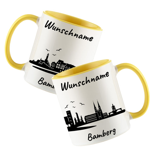 Tasse in Hellgelb 330ml bedruckt mit der Skyline von Bamberg personalisierbar mit Wunschname