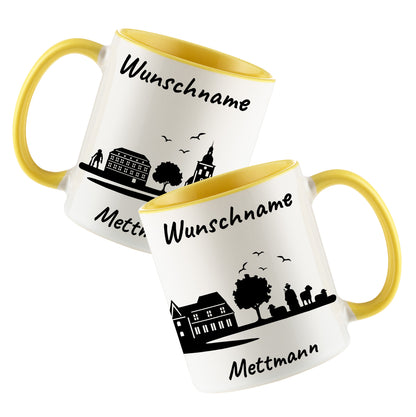 Tasse in Hellgelb 330ml bedruckt mit der Skyline von Mettmann personalisierbar mit Wunschname
