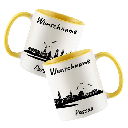 Tasse in Hellgelb 330ml bedruckt mit der Skyline von Passau personalisierbar mit Wunschname