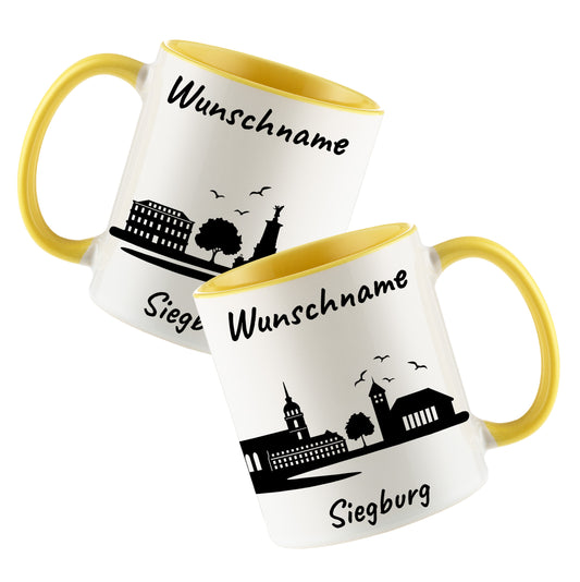 Tasse in Hellgelb 330ml bedruckt mit der Skyline von Siegburg personalisierbar mit Wunschname