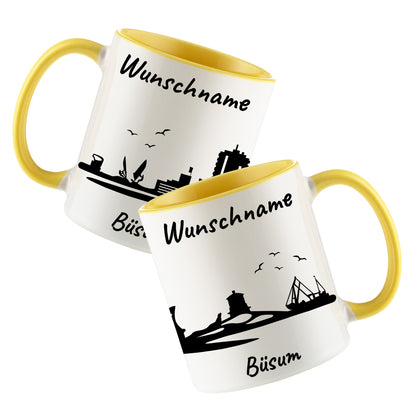 Tasse in Hellgelb 330ml bedruckt mit der Skyline von Büsum personalisierbar mit Wunschname