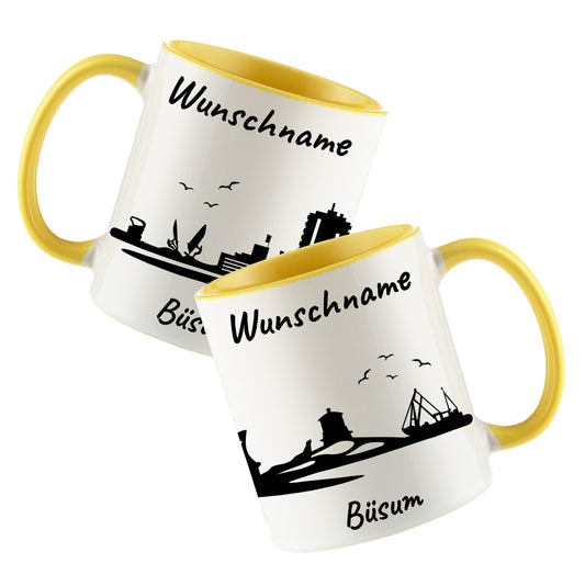 Tasse in Hellgelb 330ml bedruckt mit der Skyline von Büsum personalisierbar mit Wunschname