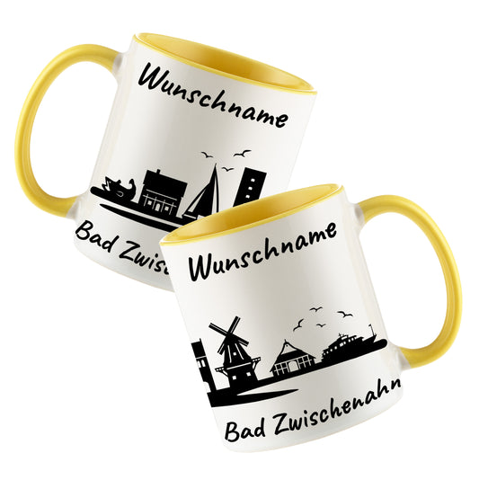 Tasse in Hellgelb 330ml bedruckt mit der Skyline von Bad Zwischenahn personalisierbar mit Wunschname