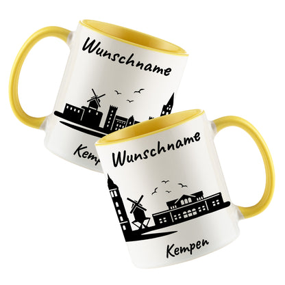 Tasse in Hellgelb 330ml bedruckt mit der Skyline von Kempen personalisierbar mit Wunschname
