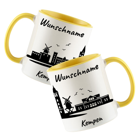 Tasse in Hellgelb 330ml bedruckt mit der Skyline von Kempen personalisierbar mit Wunschname