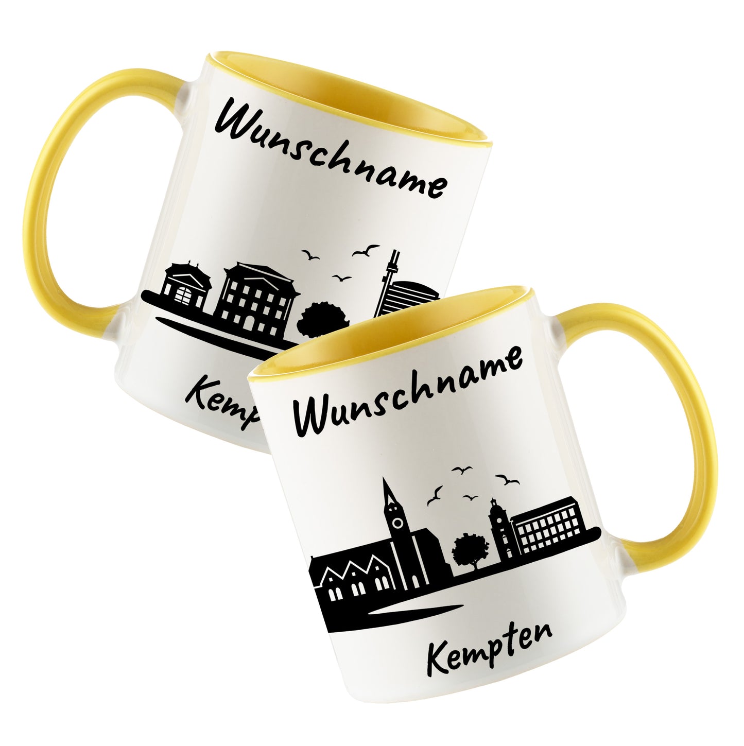 Tasse in Hellgelb 330ml bedruckt mit der Skyline von Kempten personalisierbar mit Wunschname