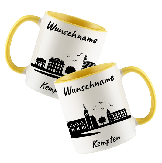 Tasse in Hellgelb 330ml bedruckt mit der Skyline von Kempten personalisierbar mit Wunschname