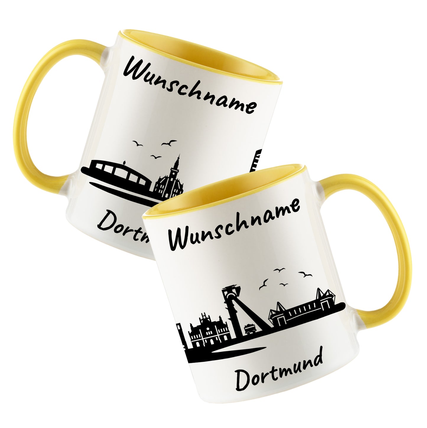 Tasse in Hellgelb 330ml bedruckt mit der Skyline von Dortmund personalisierbar mit Wunschname