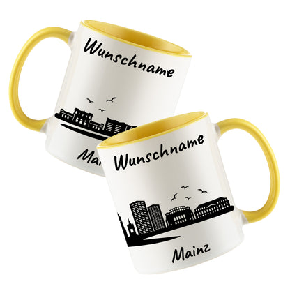 Tasse in Hellgelb 330ml bedruckt mit der Skyline von Mainz personalisierbar mit Wunschname