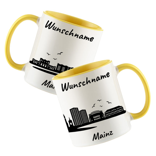 Tasse in Hellgelb 330ml bedruckt mit der Skyline von Mainz personalisierbar mit Wunschname