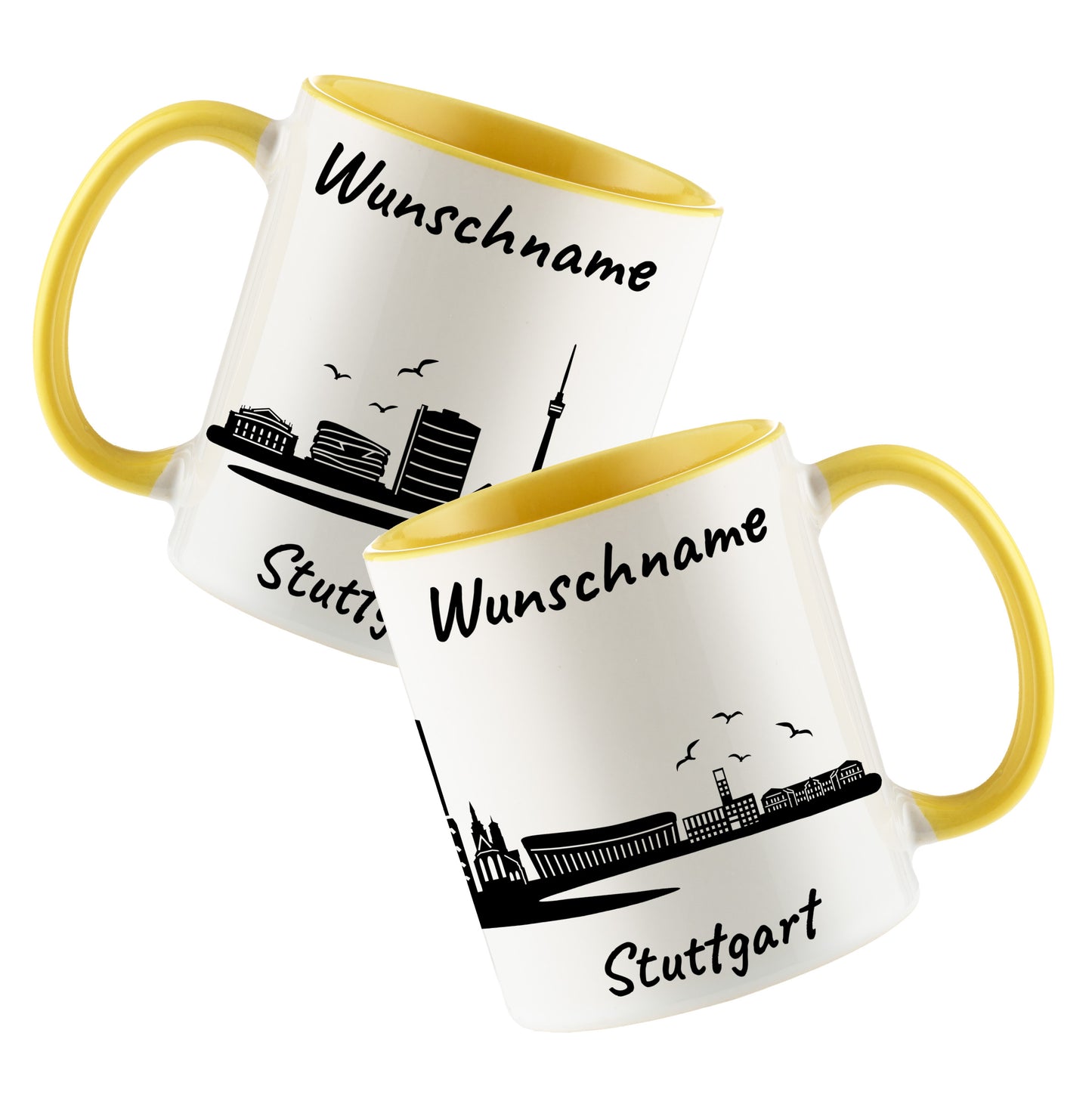 Tasse in Hellgelb 330ml bedruckt mit der Skyline von Stuttgart personalisierbar mit Wunschname