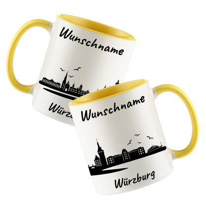 Tasse in Hellgelb 330ml bedruckt mit der Skyline von Würzburg personalisierbar mit Wunschname