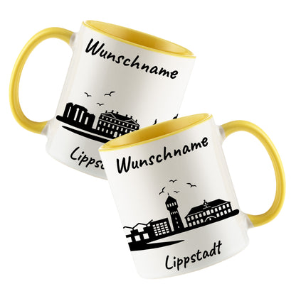 Tasse in Hellgelb 330ml bedruckt mit der Skyline von Lippstadt personalisierbar mit Wunschname