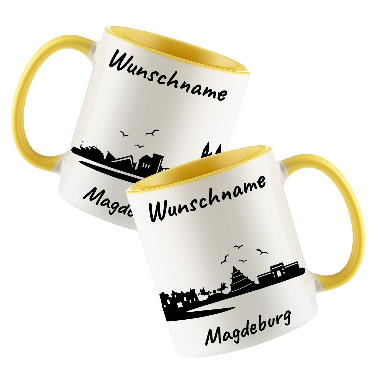 Tasse in Hellgelb 330ml bedruckt mit der Skyline von Magdeburg personalisierbar mit Wunschname