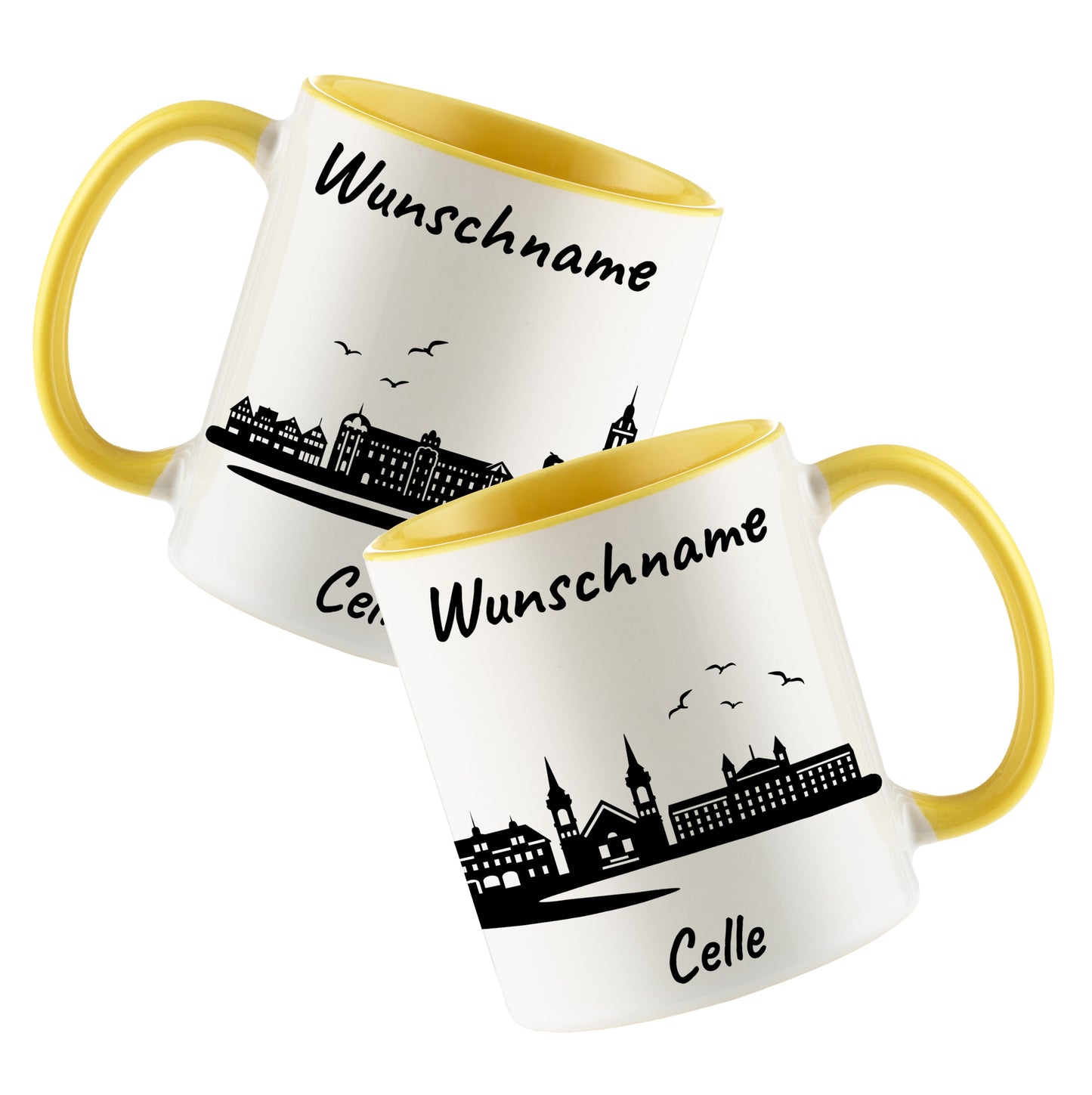 Tasse in Hellgelb 330ml bedruckt mit der Skyline von Celle personalisierbar mit Wunschname