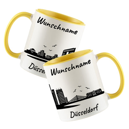 Tasse in Hellgelb 330ml bedruckt mit der Skyline von Düsseldorf personalisierbar mit Wunschname