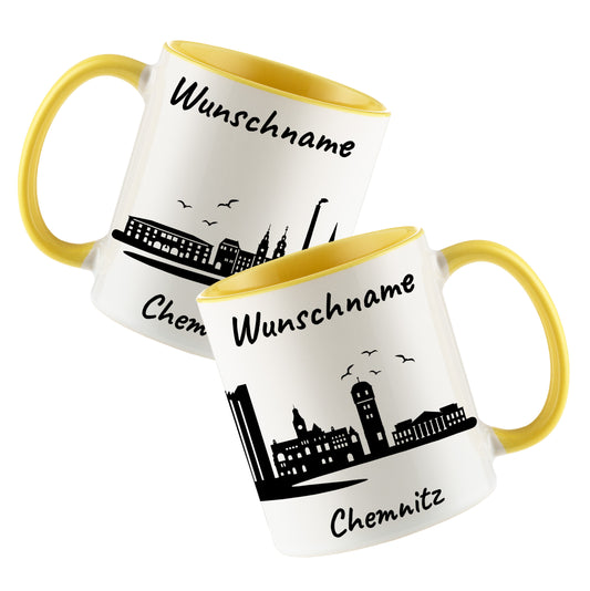 Tasse in Hellgelb 330ml bedruckt mit der Skyline von Chemnitz personalisierbar mit Wunschname