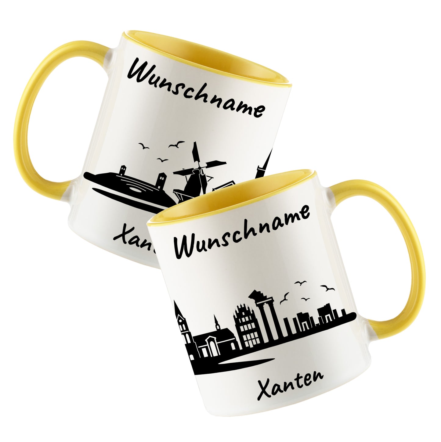 Tasse in Hellgelb 330ml bedruckt mit der Skyline von Xanten personalisierbar mit Wunschname
