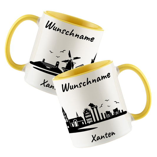 Tasse in Hellgelb 330ml bedruckt mit der Skyline von Xanten personalisierbar mit Wunschname