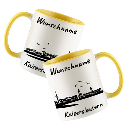 Tasse in Hellgelb 330ml bedruckt mit der Skyline von Kaiserslautern personalisierbar mit Wunschname