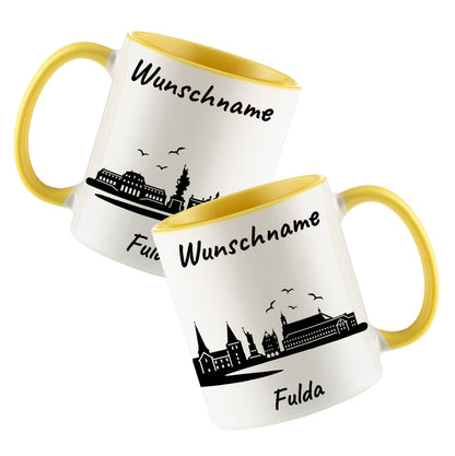 Tasse in Hellgelb 330ml bedruckt mit der Skyline von Fulda personalisierbar mit Wunschname