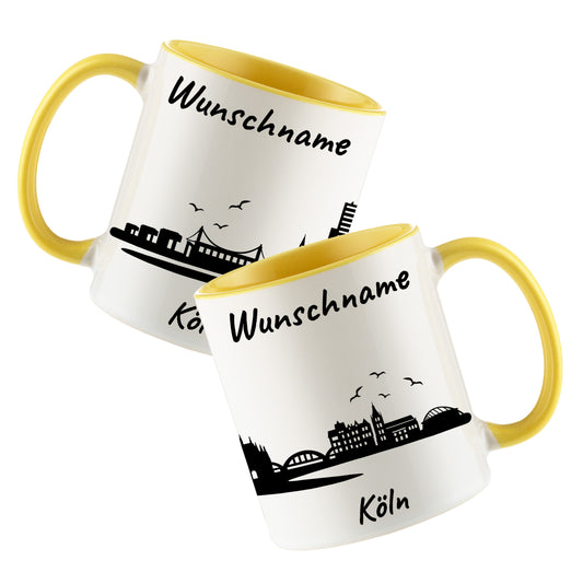 Tasse in Hellgelb 330ml bedruckt mit der Skyline von Köln personalisierbar mit Wunschname