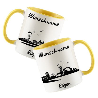 Tasse in Hellgelb 330ml bedruckt mit der Skyline von Rügen personalisierbar mit Wunschname