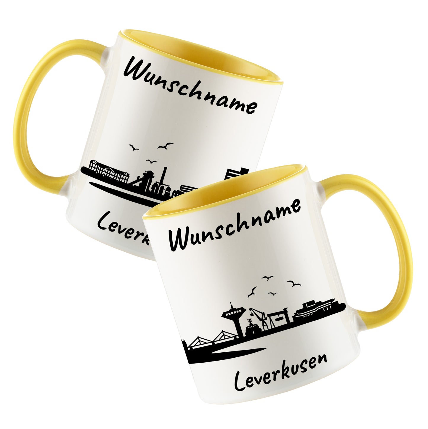 Tasse in Hellgelb 330ml bedruckt mit der Skyline von Leverkusen personalisierbar mit Wunschname