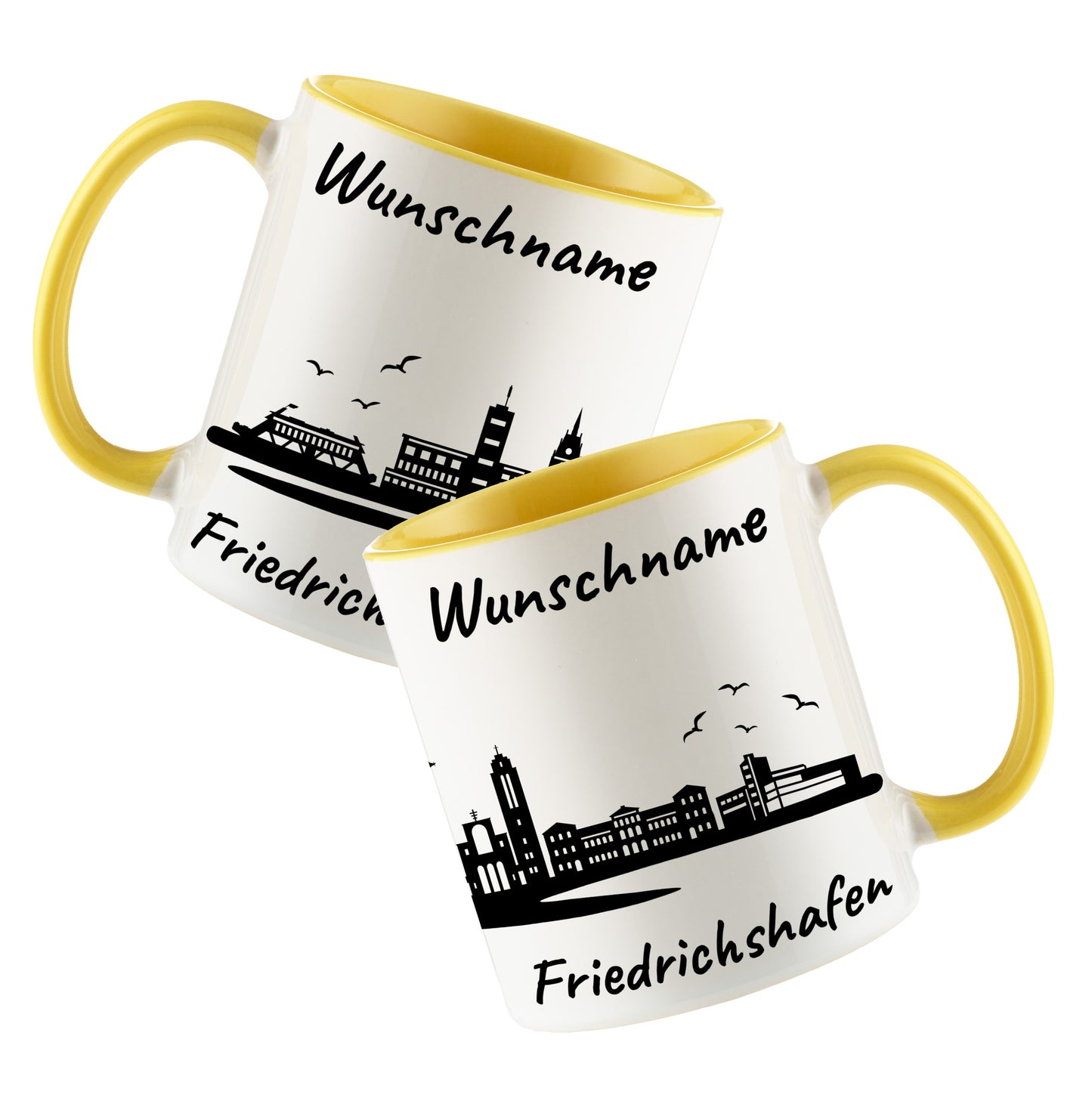 Tasse in Hellgelb 330ml bedruckt mit der Skyline von Friedrichshafen personalisierbar mit Wunschname