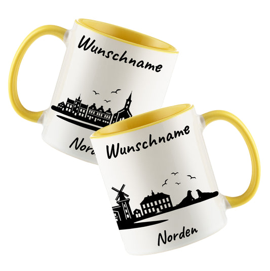 Tasse in Hellgelb 330ml bedruckt mit der Skyline von Norden personalisierbar mit Wunschname