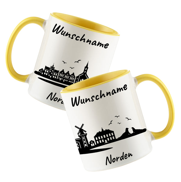 Tasse in Hellgelb 330ml bedruckt mit der Skyline von Norden personalisierbar mit Wunschname