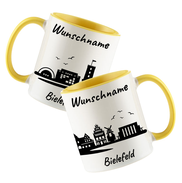 Tasse in Hellgelb 330ml bedruckt mit der Skyline von Bielefeld personalisierbar mit Wunschname