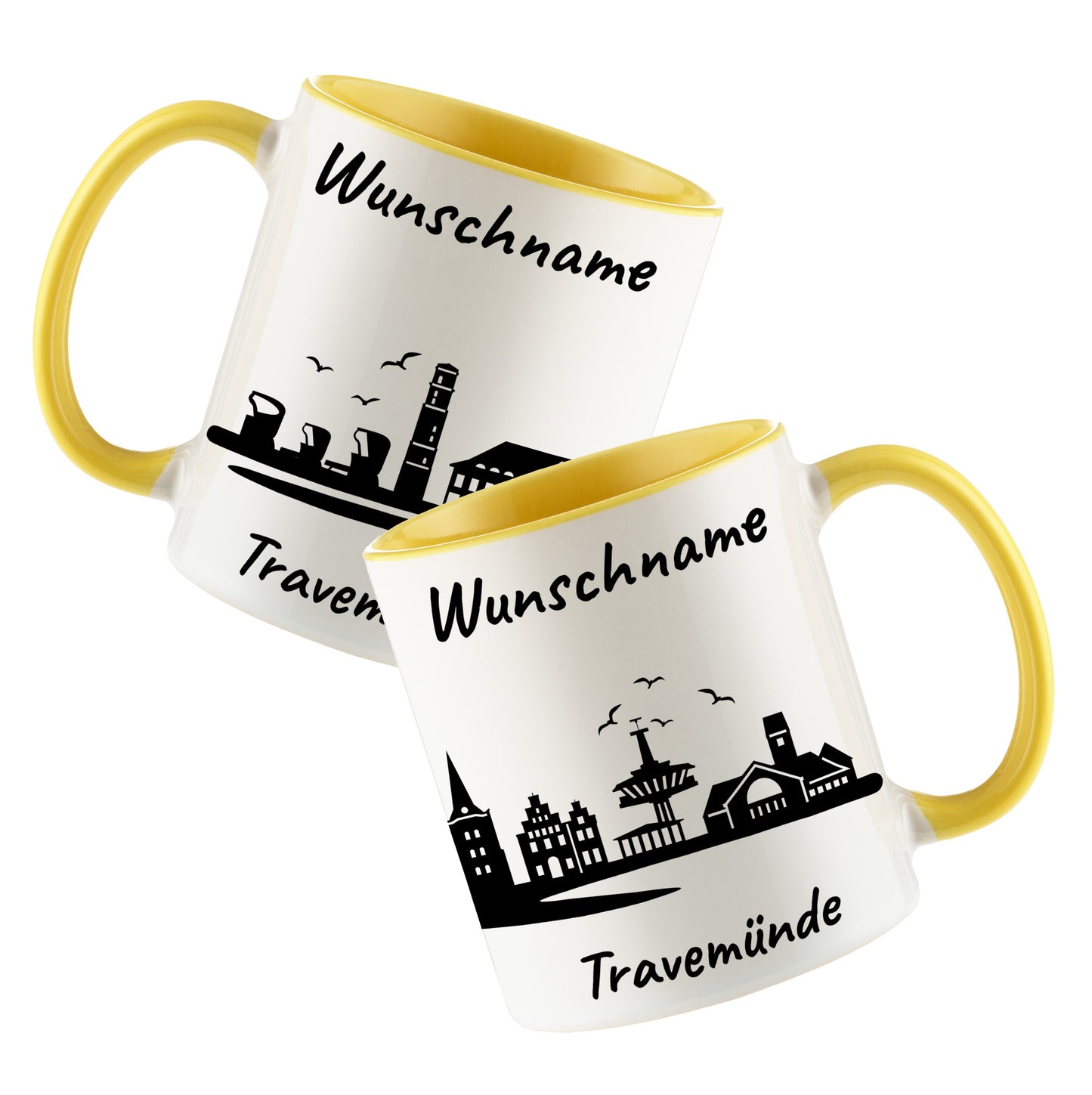 Tasse in Hellgelb 330ml bedruckt mit der Skyline von Travemünde personalisierbar mit Wunschname