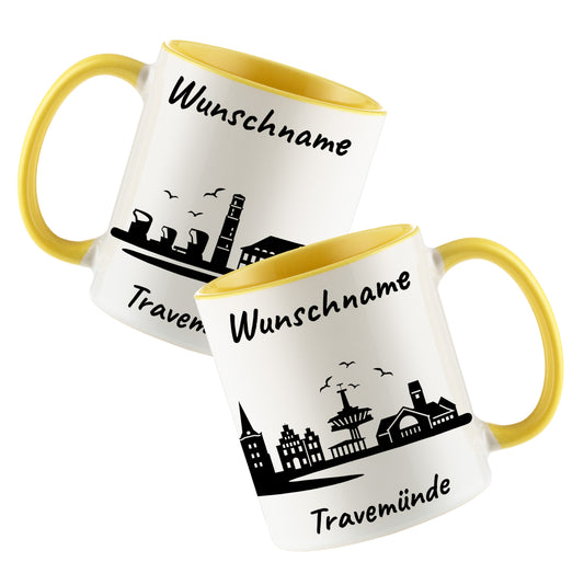 Tasse in Hellgelb 330ml bedruckt mit der Skyline von Travemünde personalisierbar mit Wunschname