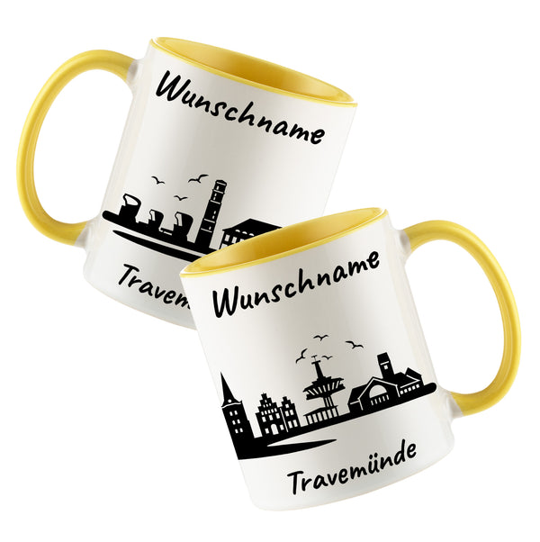 Tasse in Hellgelb 330ml bedruckt mit der Skyline von Travemünde personalisierbar mit Wunschname