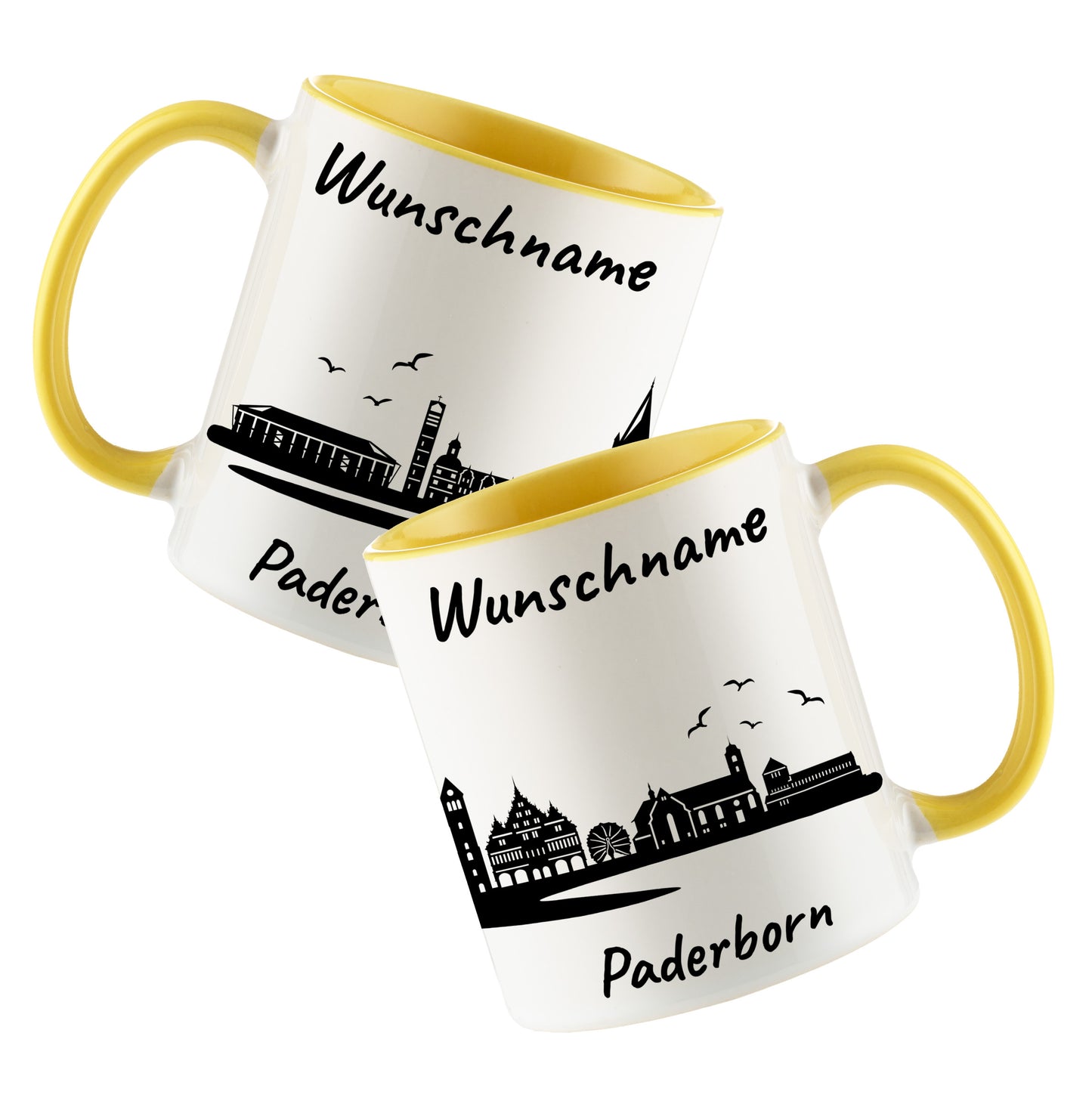 Tasse in Hellgelb 330ml bedruckt mit der Skyline von Paderborn personalisierbar mit Wunschname