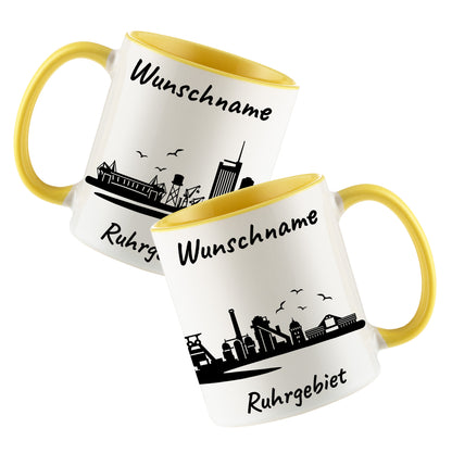 Tasse in Hellgelb 330ml bedruckt mit der Skyline von Ruhrgebiet personalisierbar mit Wunschname
