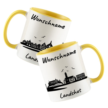 Tasse in Hellgelb 330ml bedruckt mit der Skyline von Landshut personalisierbar mit Wunschname