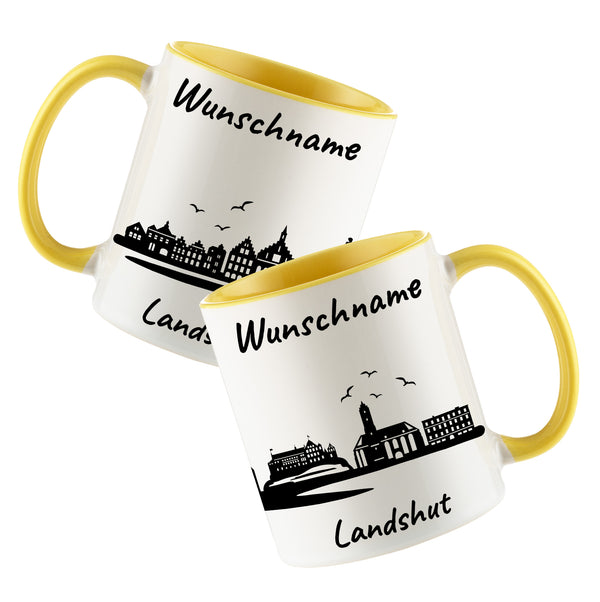 Tasse in Hellgelb 330ml bedruckt mit der Skyline von Landshut personalisierbar mit Wunschname