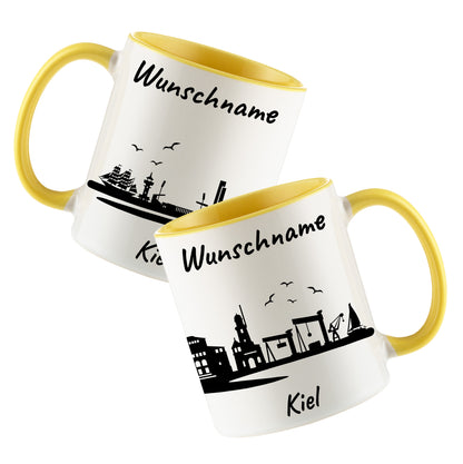 Tasse in Hellgelb 330ml bedruckt mit der Skyline von Kiel personalisierbar mit Wunschname