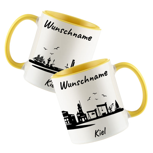 Tasse in Hellgelb 330ml bedruckt mit der Skyline von Kiel personalisierbar mit Wunschname