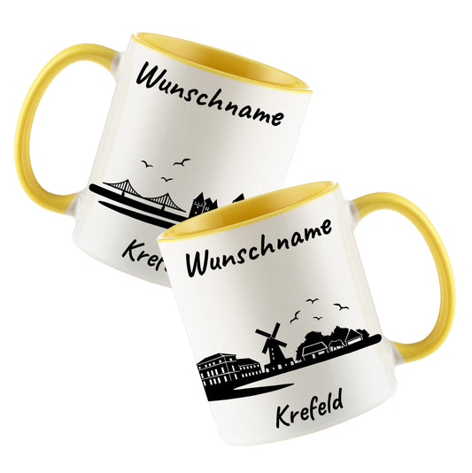 Tasse in Hellgelb 330ml bedruckt mit der Skyline von Krefeld personalisierbar mit Wunschname