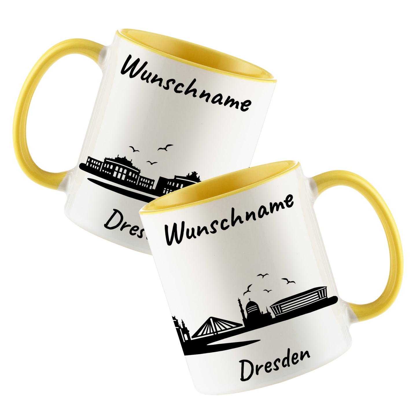 Tasse in Hellgelb 330ml bedruckt mit der Skyline von Dresden personalisierbar mit Wunschname