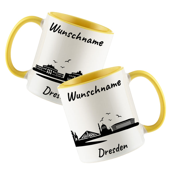 Tasse in Hellgelb 330ml bedruckt mit der Skyline von Dresden personalisierbar mit Wunschname