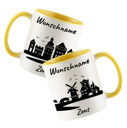 Tasse in Hellgelb 330ml bedruckt mit der Skyline von Zons (Dormagen) personalisierbar mit Wunschname