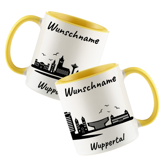 Tasse in Hellgelb 330ml bedruckt mit der Skyline von Wuppertal personalisierbar mit Wunschname