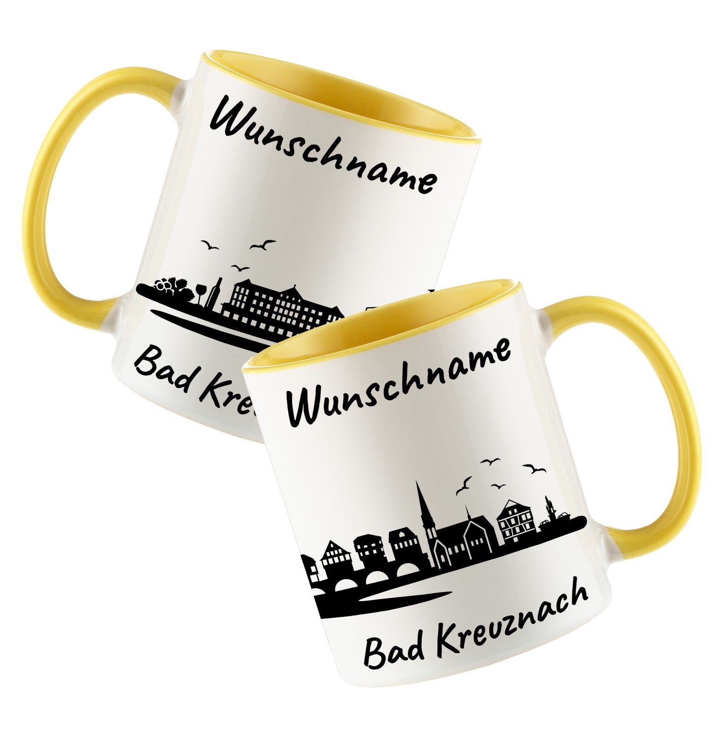 Tasse in Hellgelb 330ml bedruckt mit der Skyline von Bad Kreuznach personalisierbar mit Wunschname
